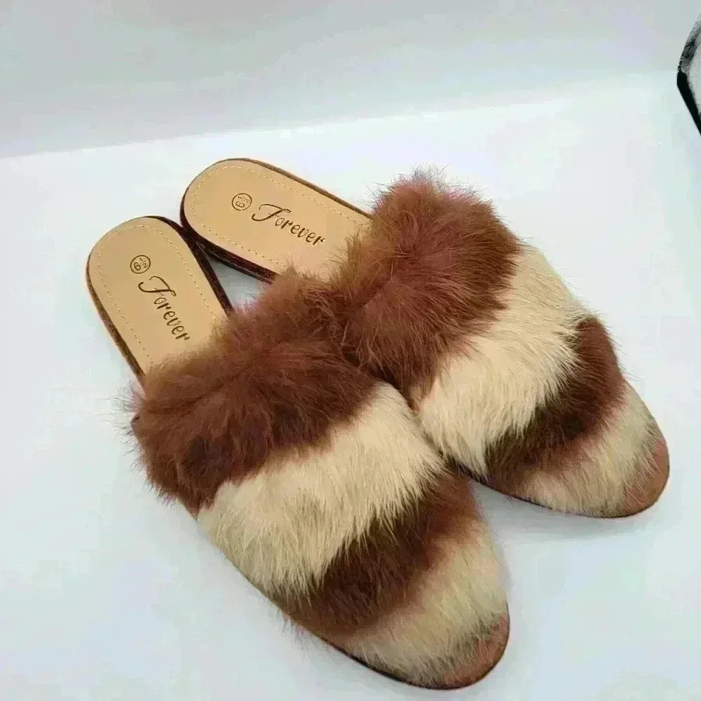 Forever Mule Furry Flat Women's Heel Slip on Slippers Shoes Size 6 1/2 Brown Tan - Picture 3 of 9